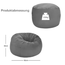 Sitzsack Sitzbag mit weicher Füllung Bean Bag sitzkissen Bodenkissen Bodenstuhl Ø 92 x 62 cm Grau