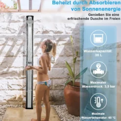 Solarbeheizte Außendusche 217 cm Dusche mit 2 Sektionen und Frei Drehbarem Duschkopf Schwarz + Silber