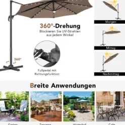 Solarbetriebener Schirm mit 28 LED-Lichtern & 3 Neigungseinstellungen Ø300 x 253 cm Braun
