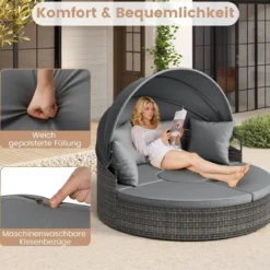 Sonneninsel mit Dach & Tisch & Sitz- und Rückenkissen Rattan Sonnenliege Gartenliege Grau