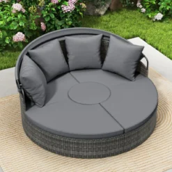 Sonneninsel mit Dach & Tisch & Sitz- und Rückenkissen Rattan Sonnenliege Gartenliege Grau