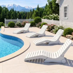 Sonnenliege aus HDPE Ergonomische Gartenliege in S Form Wetterfester Strandliege mit Rollen Weiß