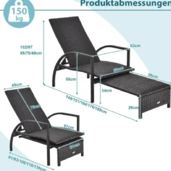 Sonnenliege aus Rattan mit Ausziehbarer Fußstütze & 5-stufig Verstellbarer Rückenlehne