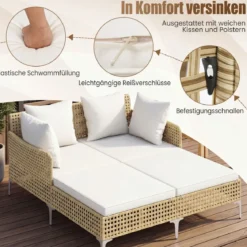 Sonnenliege Doppelliege aus Rattan für 2 Personen mit Sitz- & Rückenkissen Outdoor Gartenliege Beige