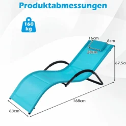 Sonnenliege Ergonomisch Gartenliege mit Abnehmbarem Kopfkissen Liegestuhl bis 160 kg Belastbar Blau/Grau