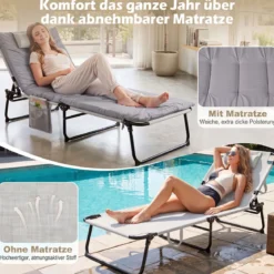 Sonnenliege Faltbare Liegestuhl mit Abnehmbare Matratze 4-fach Verstellbare Rückenlehne & Metallrahmen Grau