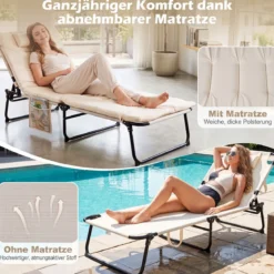 Sonnenliege Faltbare Liegestuhl mit Abnehmbare Matratze 4-fach Verstellbare Rückenlehne & Metallrahmen Beige