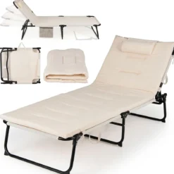 Sonnenliege Faltbare Liegestuhl mit Abnehmbare Matratze 4-fach Verstellbare Rückenlehne & Metallrahmen Beige