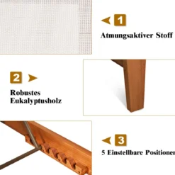 Sonnenliege Gartenliege aus Holz Terrassenliege mit verstellbarer Lehne 200 x 61 x 31,5 cm Natur + Weiß