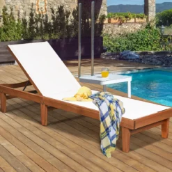 Sonnenliege Gartenliege aus Holz Terrassenliege mit verstellbarer Lehne 200 x 61 x 31,5 cm Natur + Weiß