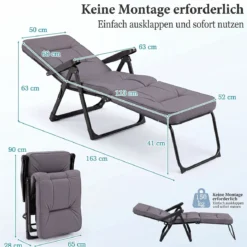 Sonnenliege Gartenliege Klappbar mit Dickem Sitzkissen Verstellbarer Rückenlehne & Armlehnen Grau