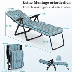 Sonnenliege Gartenliege Klappbar mit Dickem Sitzkissen Verstellbarer Rückenlehne & Armlehnen Blau