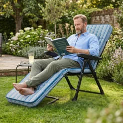 Sonnenliege Gartenliege Klappbar mit Dickem Sitzkissen Verstellbarer Rückenlehne & Armlehnen Blau