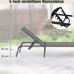 Sonnenliege klappbar Gartenliege mit 5 verstellbaren Rückenlehnen Klappliege bis 160 kg belastbar Grau