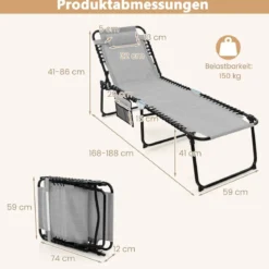 Sonnenliege mit Kopfstütze und Seitentasche klappbare Gartenliege mit Verstellbarer Rückenlehne