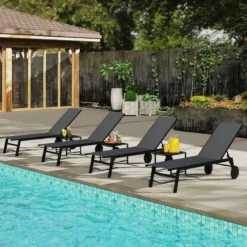 Sonnenliege mit Rollen & Beistelltisch Gartenliege mit Verstellbarer Rückenlehne Grau