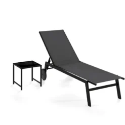 Sonnenliege mit Rollen & Beistelltisch Gartenliege mit Verstellbarer Rückenlehne Grau