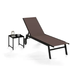 Sonnenliege mit Rollen & Beistelltisch Gartenliege mit Verstellbarer Rückenlehne & StoffBraun