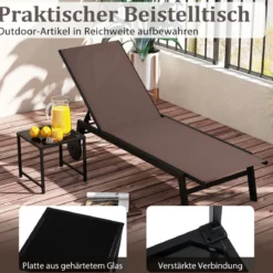 Sonnenliege mit Rollen & Beistelltisch Gartenliege mit Verstellbarer Rückenlehne & StoffBraun