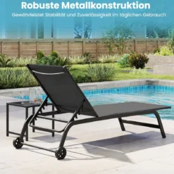 Sonnenliege mit Rollen und Beistelltisch Outdoor Liegestuhl bis 150 kg Tragbar Grau/Schwarz/Braun