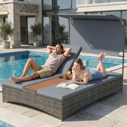 Sonnenliege 2 Personen Gartenliege mit Auflagen Doppelliege mit 5-Fach Verstellbarer Rückenlehne Grau/Beige