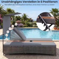 Sonnenliege 2 Personen Gartenliege mit Auflagen Doppelliege mit 5-Fach Verstellbarer Rückenlehne Grau/Beige
