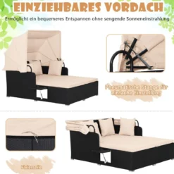 Sonnenliege Rattan für 2 Personen Gartenliege mit Dach Auflage Kissen & ausklappbaren Seitentischen