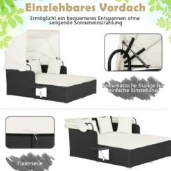 Sonnenliege Rattan für 2 Personen Gartenliege mit Dach Auflage Kissen & ausklappbaren Seitentischen
