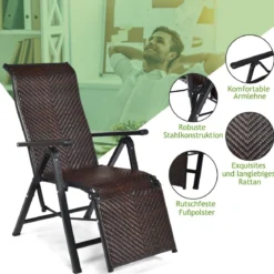 Sonnenliege Rattan klappbarer Liegestuhl mit Verstellbarer Rückenlehne Braun