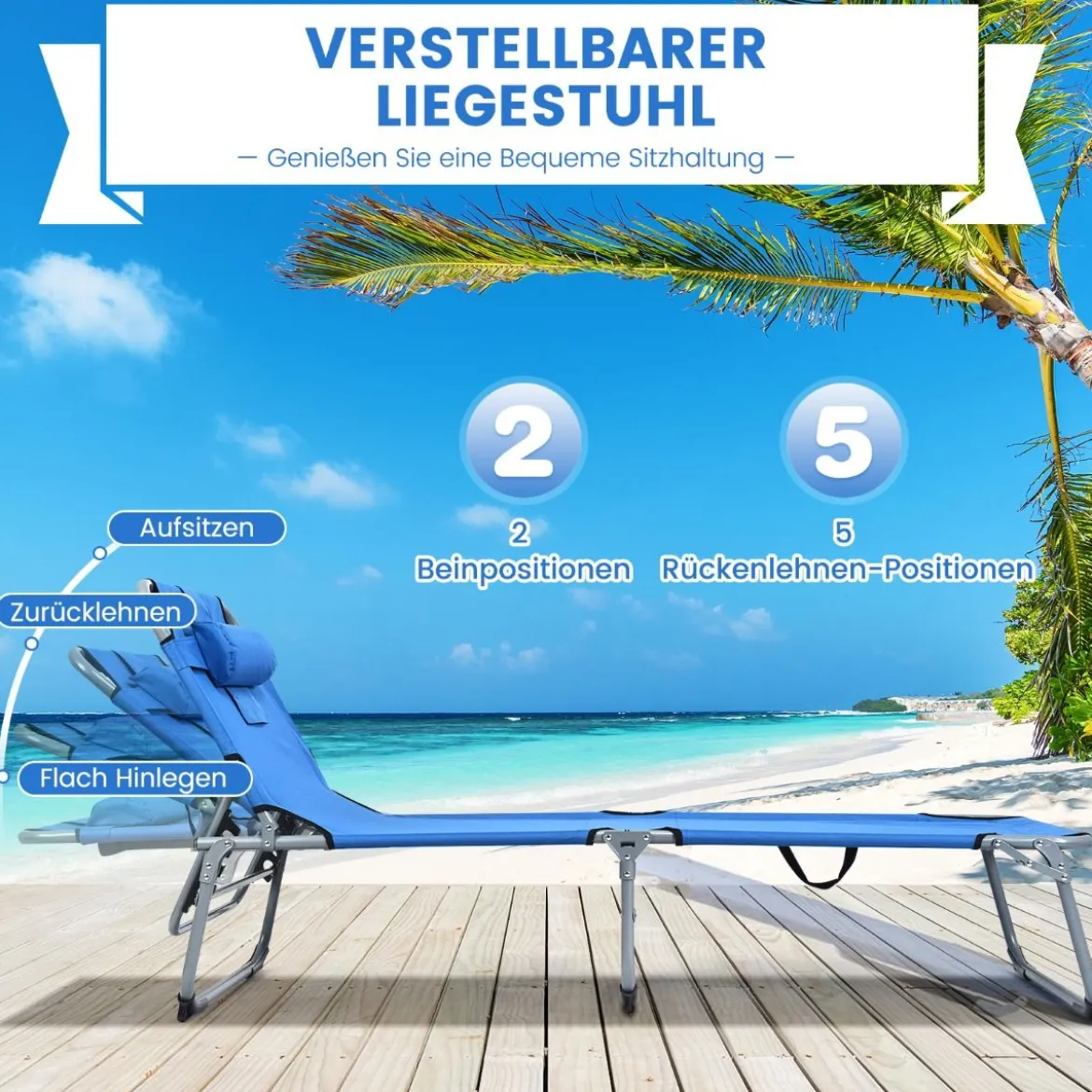 Sonnenliege Zusammenklappbare Strandliege 194 x 60 x 36-86 cm Blau