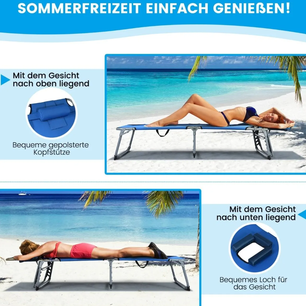 Sonnenliege Zusammenklappbare Strandliege 194 x 60 x 36-86 cm Blau
