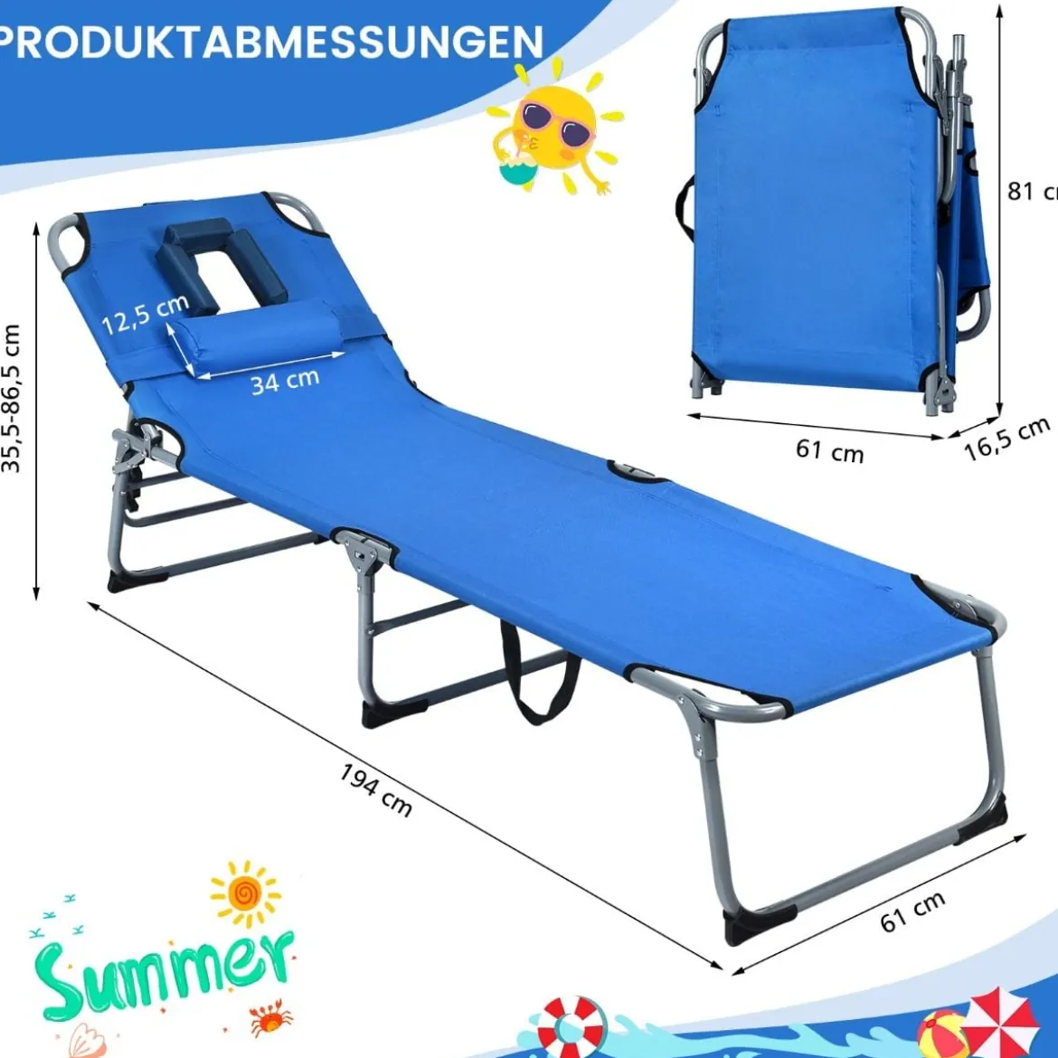 Sonnenliege Zusammenklappbare Strandliege 194 x 60 x 36-86 cm Blau