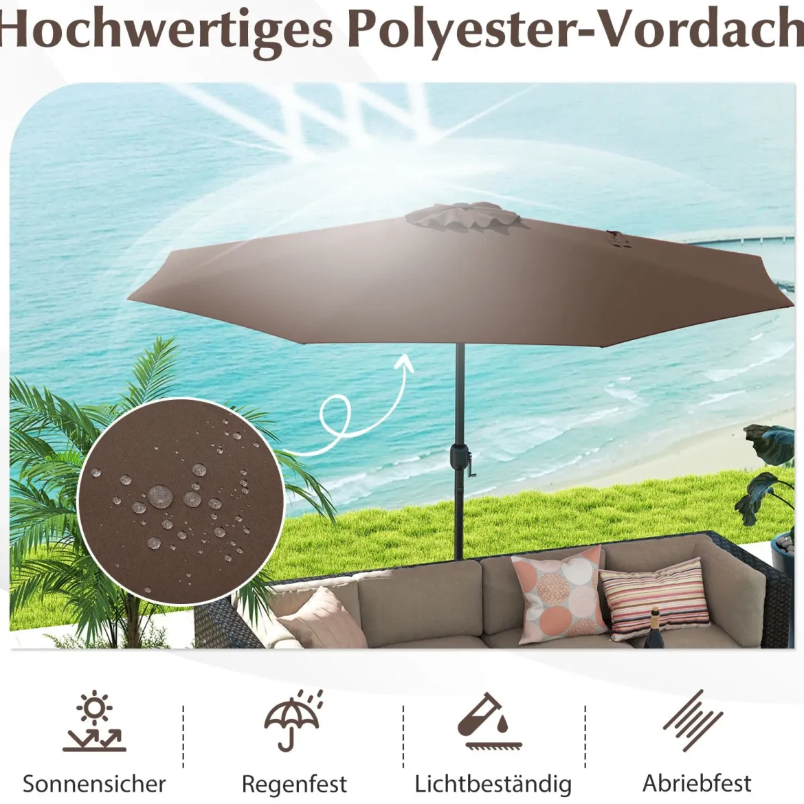 Sonnenschirm 350 cm großer Gartenschirm mit Kurbel Terrassenschirm mit 8 Rippen