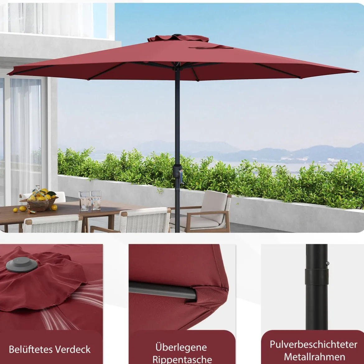 Sonnenschirm 350 cm großer Gartenschirm mit Kurbel Terrassenschirm mit 8 Rippen