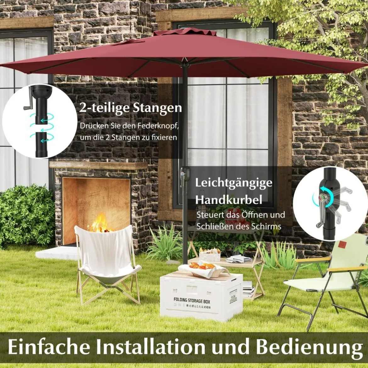 Sonnenschirm 350 cm großer Gartenschirm mit Kurbel Terrassenschirm mit 8 Rippen