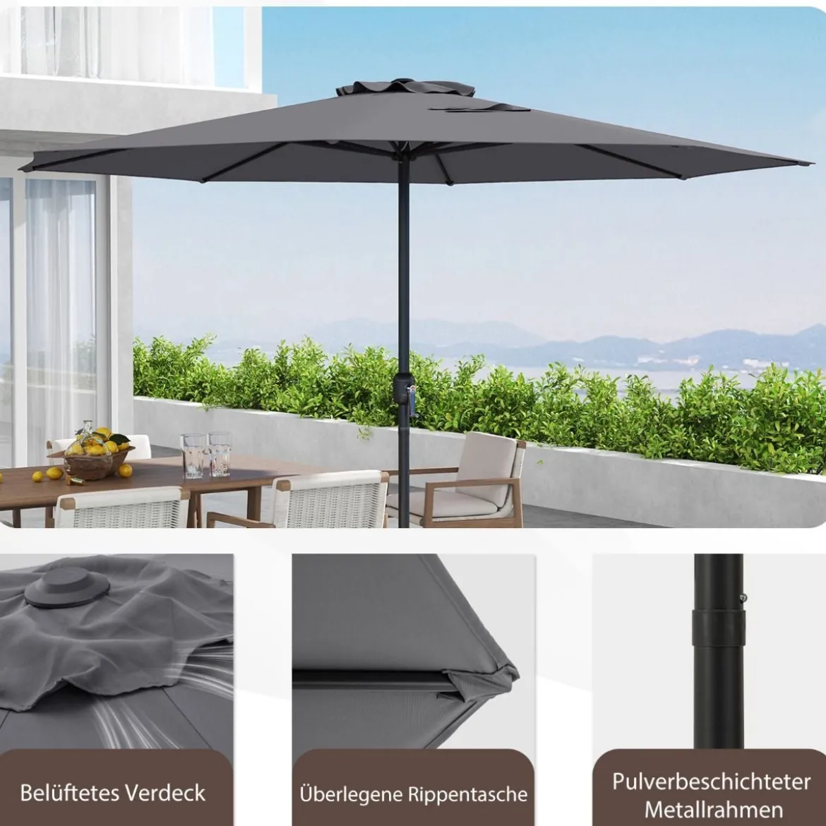 Sonnenschirm 350 cm großer Gartenschirm mit Kurbel Terrassenschirm mit 8 Rippen