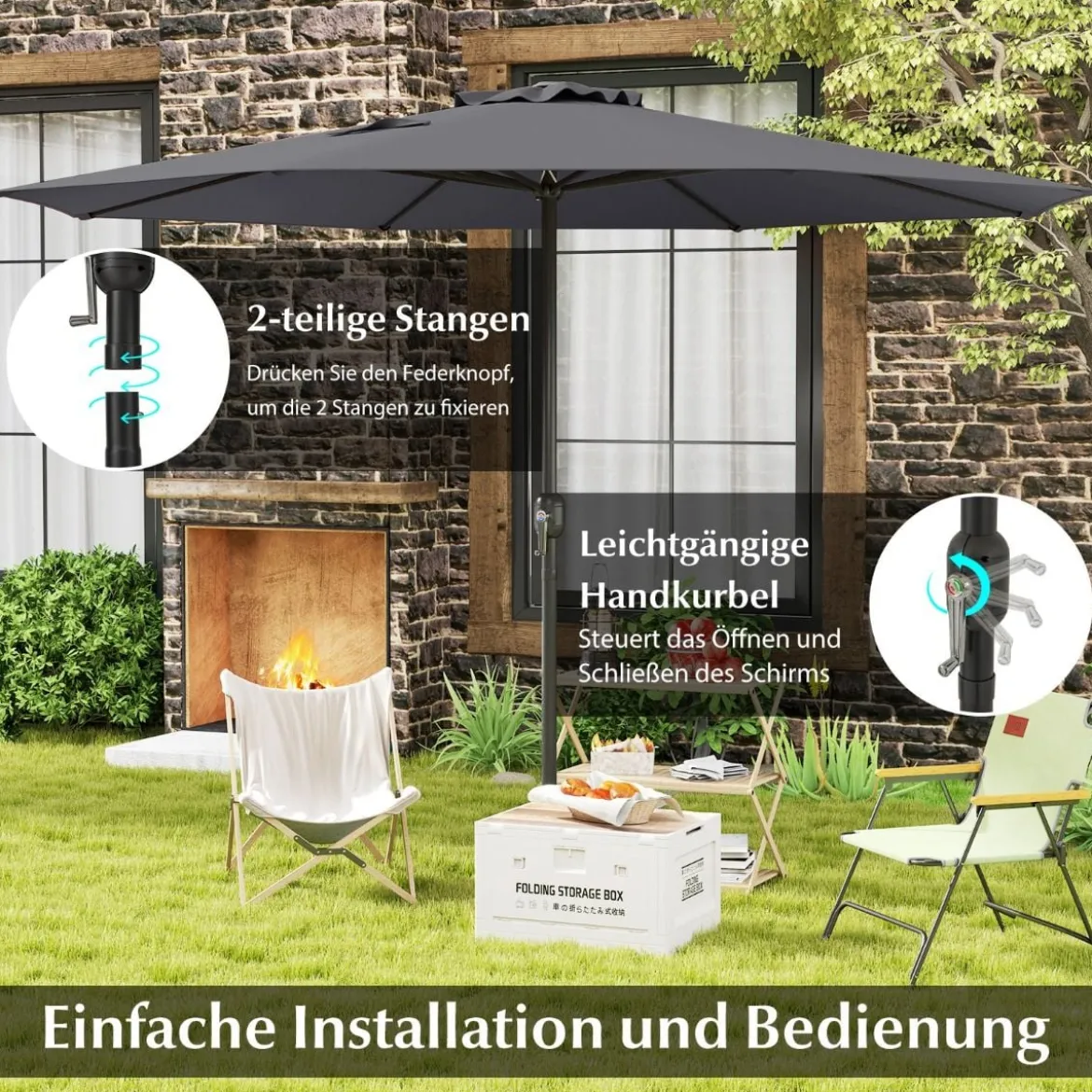 Sonnenschirm 350 cm großer Gartenschirm mit Kurbel Terrassenschirm mit 8 Rippen