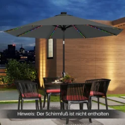 Sonnenschirm 300 cm mit LED-Solar-Beleuchtung 9 Beleuchtungsmodi Gartenschirm mit Kurbel Grau