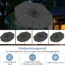 Sonnenschirm 300 cm mit LED-Solar-Beleuchtung 9 Beleuchtungsmodi Gartenschirm mit Kurbel Grau