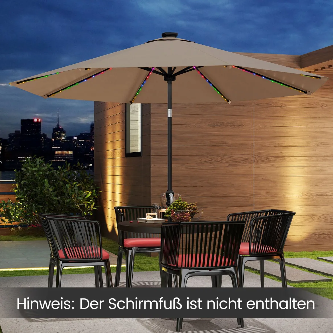 Sonnenschirm 300 cm mit LED-Solar-Beleuchtung 9 Beleuchtungsmodi Gartenschirm mit Kurbel Kaffee