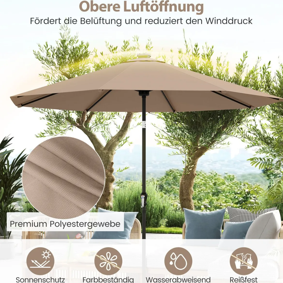 Sonnenschirm 300 cm mit LED-Solar-Beleuchtung 9 Beleuchtungsmodi Gartenschirm mit Kurbel Kaffee