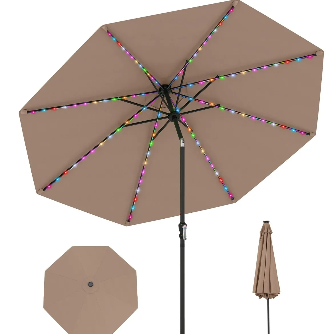 Sonnenschirm 300 cm mit LED-Solar-Beleuchtung 9 Beleuchtungsmodi Gartenschirm mit Kurbel Kaffee