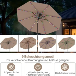 Sonnenschirm 300 cm mit LED-Solar-Beleuchtung 9 Beleuchtungsmodi Gartenschirm mit Kurbel Kaffee