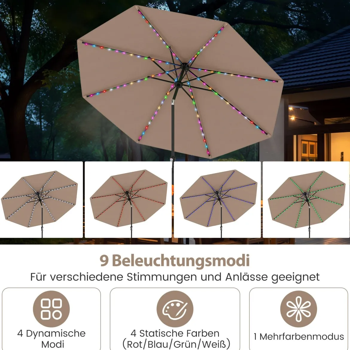 Sonnenschirm 300 cm mit LED-Solar-Beleuchtung 9 Beleuchtungsmodi Gartenschirm mit Kurbel Kaffee
