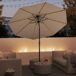 Sonnenschirm 300 cm mit LED-Solar-Beleuchtung 9 Beleuchtungsmodi Gartenschirm mit Kurbel Kaffee