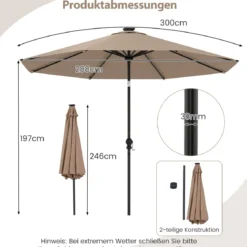 Sonnenschirm 300 cm mit LED-Solar-Beleuchtung 9 Beleuchtungsmodi Gartenschirm mit Kurbel Kaffee