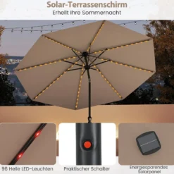 Sonnenschirm 300 cm mit LED-Solar-Beleuchtung 9 Beleuchtungsmodi Gartenschirm mit Kurbel Kaffee