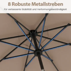 Sonnenschirm 300 cm mit LED-Solar-Beleuchtung 9 Beleuchtungsmodi Gartenschirm mit Kurbel Kaffee