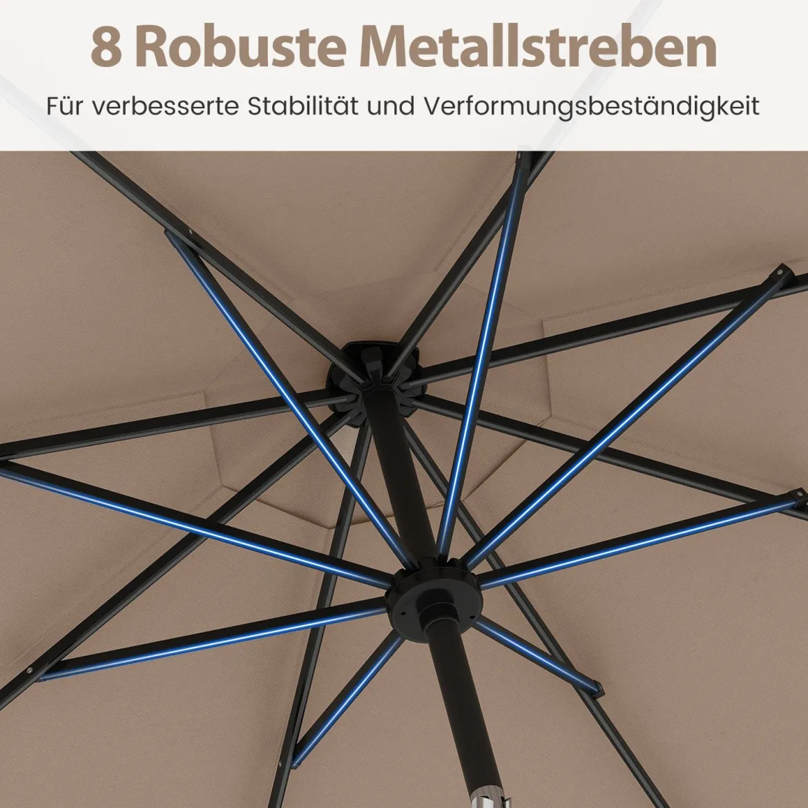 Sonnenschirm 300 cm mit LED-Solar-Beleuchtung 9 Beleuchtungsmodi Gartenschirm mit Kurbel Kaffee