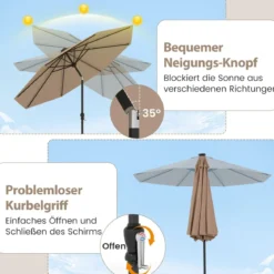 Sonnenschirm 300 cm mit LED-Solar-Beleuchtung 9 Beleuchtungsmodi Gartenschirm mit Kurbel Kaffee